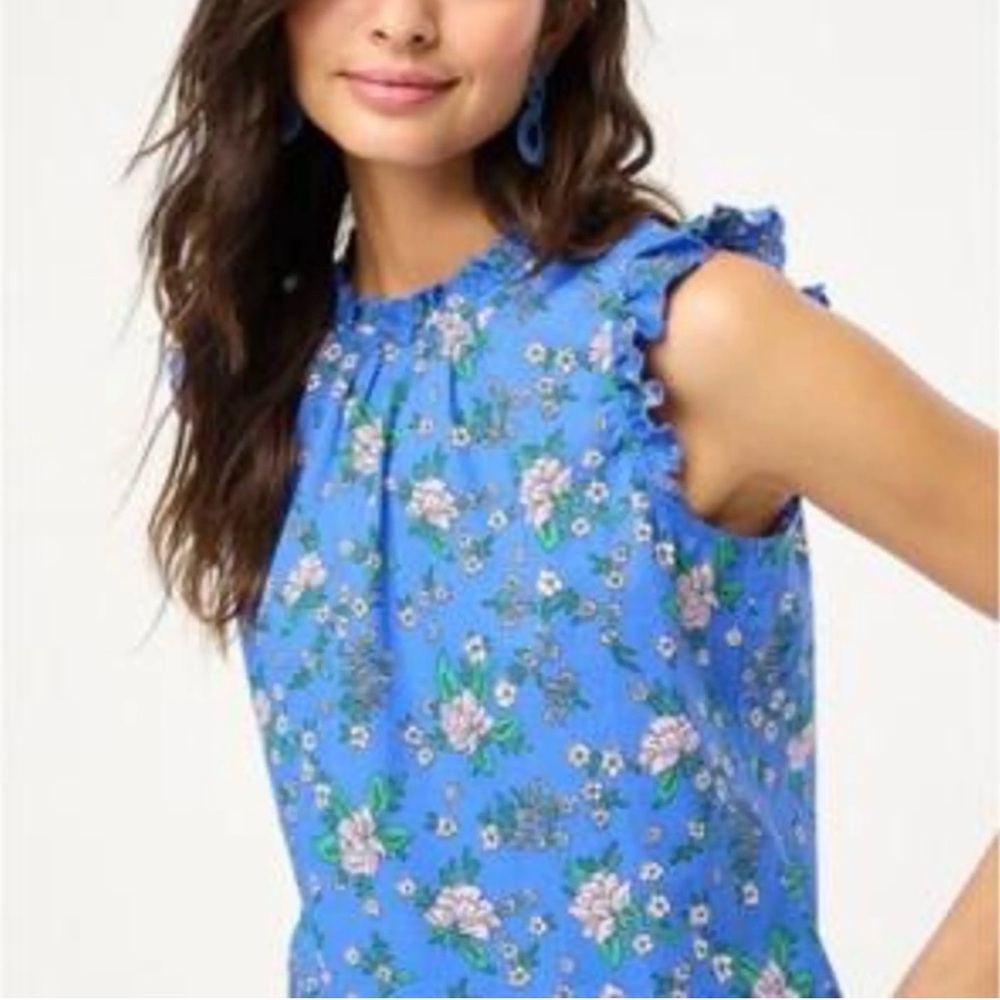 J. Crew Blue Floral Ruffle Sleeve Blouse